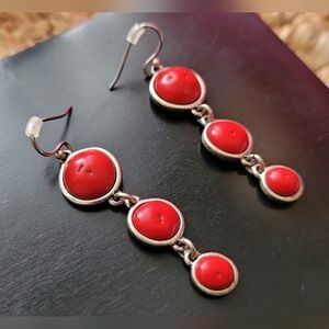 Lucky Brand 3 Drop Red Domed Earrings with Engraved Silver Toned Backside